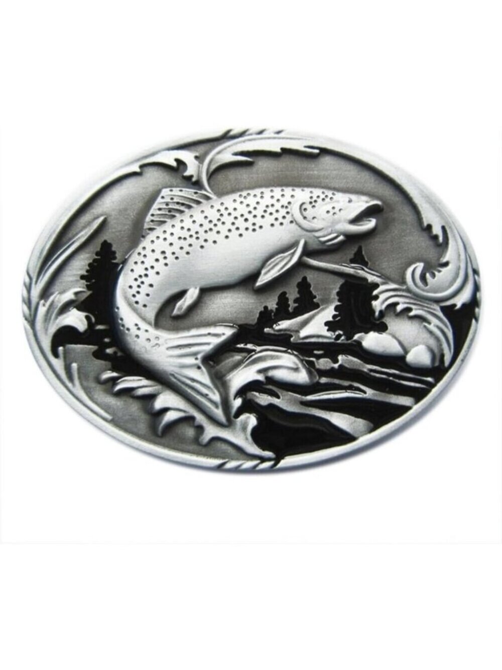 Men Silver/black New Vintage Wildlife Fisherman Imported Metal Oval Belt Buckle